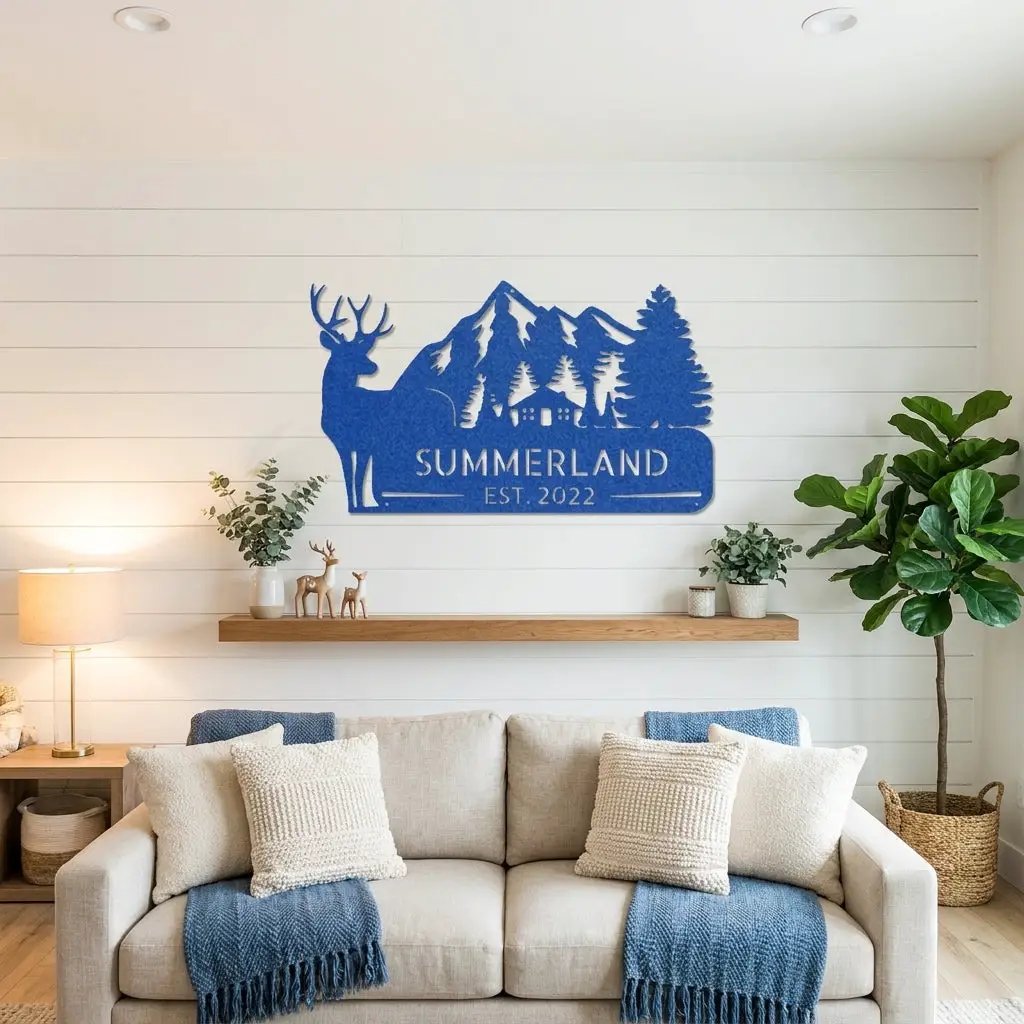Personalized Deer Mountain Cabin Metal Sign – Custom Family Name Wilderness Wall Art – Rustic Lodge Decor with Trees & Mountains