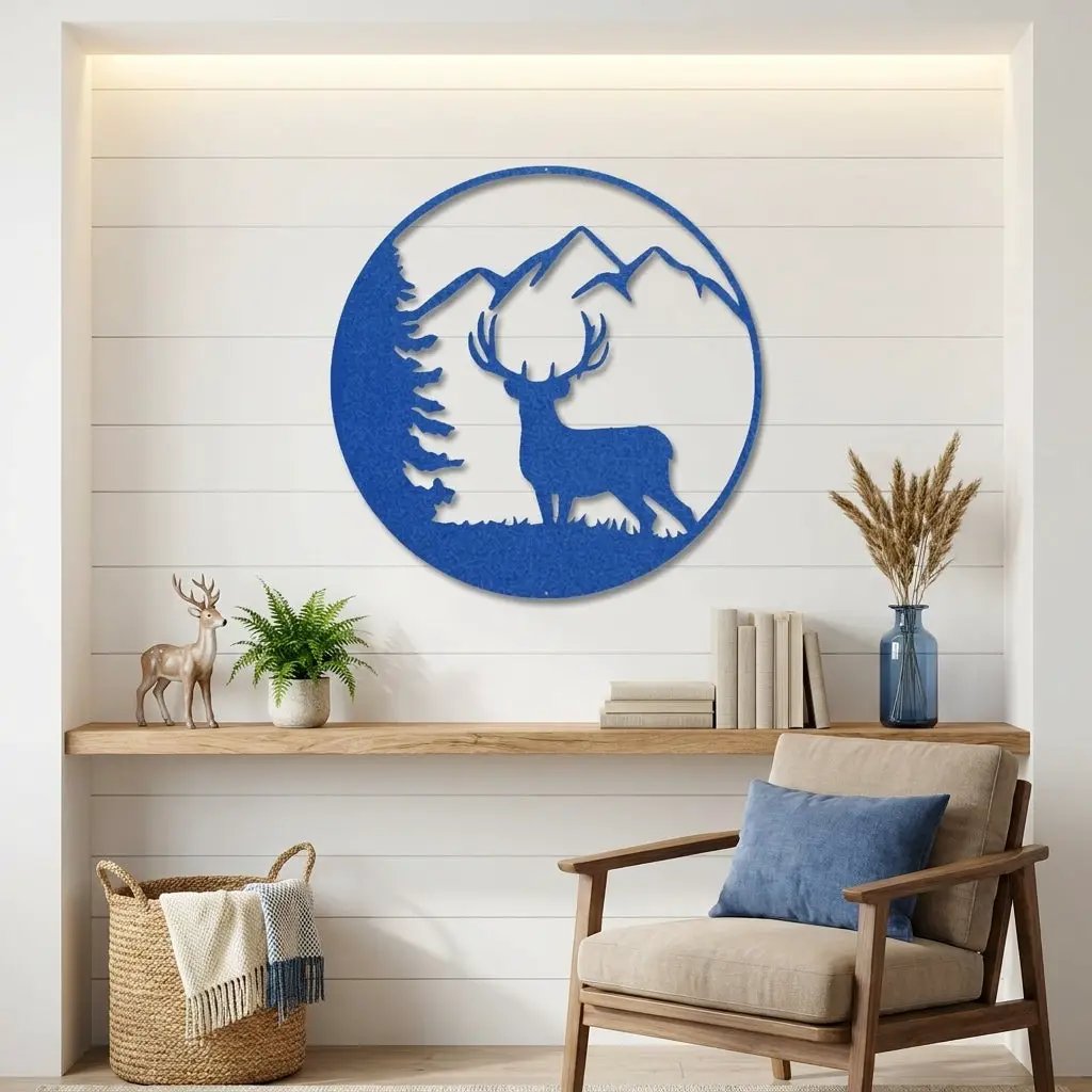 Deer Mountain Metal Wall Art – Rustic Wildlife Circle Sign – Forest & Cabin Lodge Decor – Stag Silhouette Steel Wall Hanging