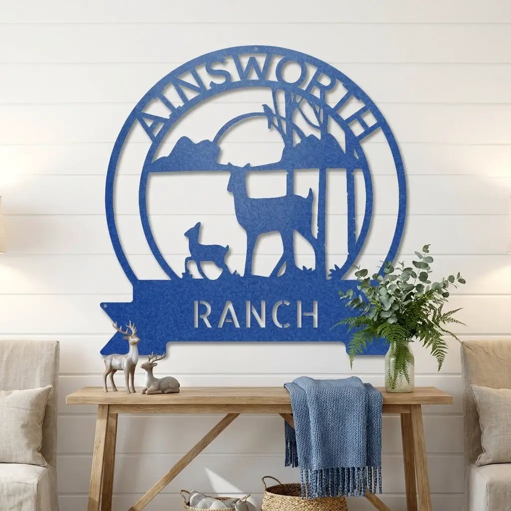 Personalized Deer Ranch Metal Sign – Doe & Fawn Sunset Wall Art – Custom Family Name & Ranch Name Sign – Rustic Farmhouse Lodge Decor