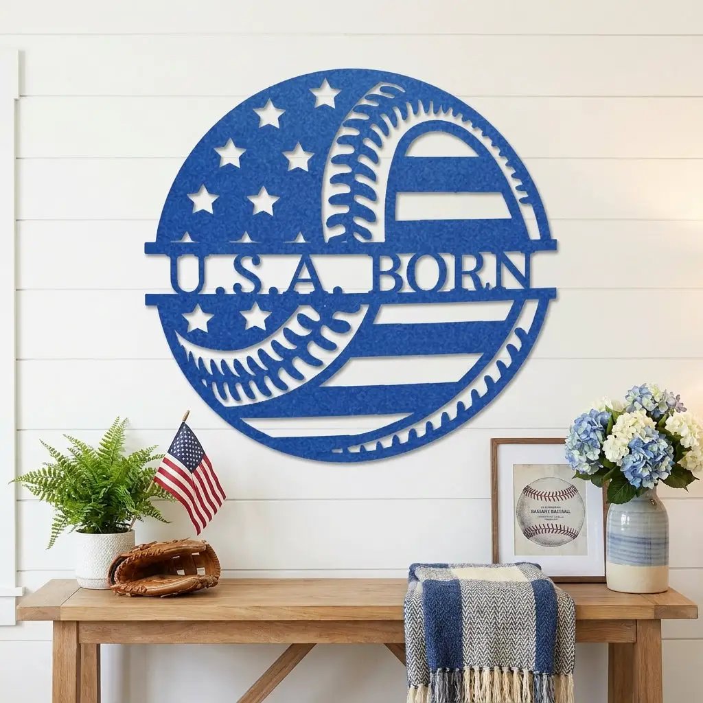 Baseball American Flag Custom Name Metal Art Wall Sign