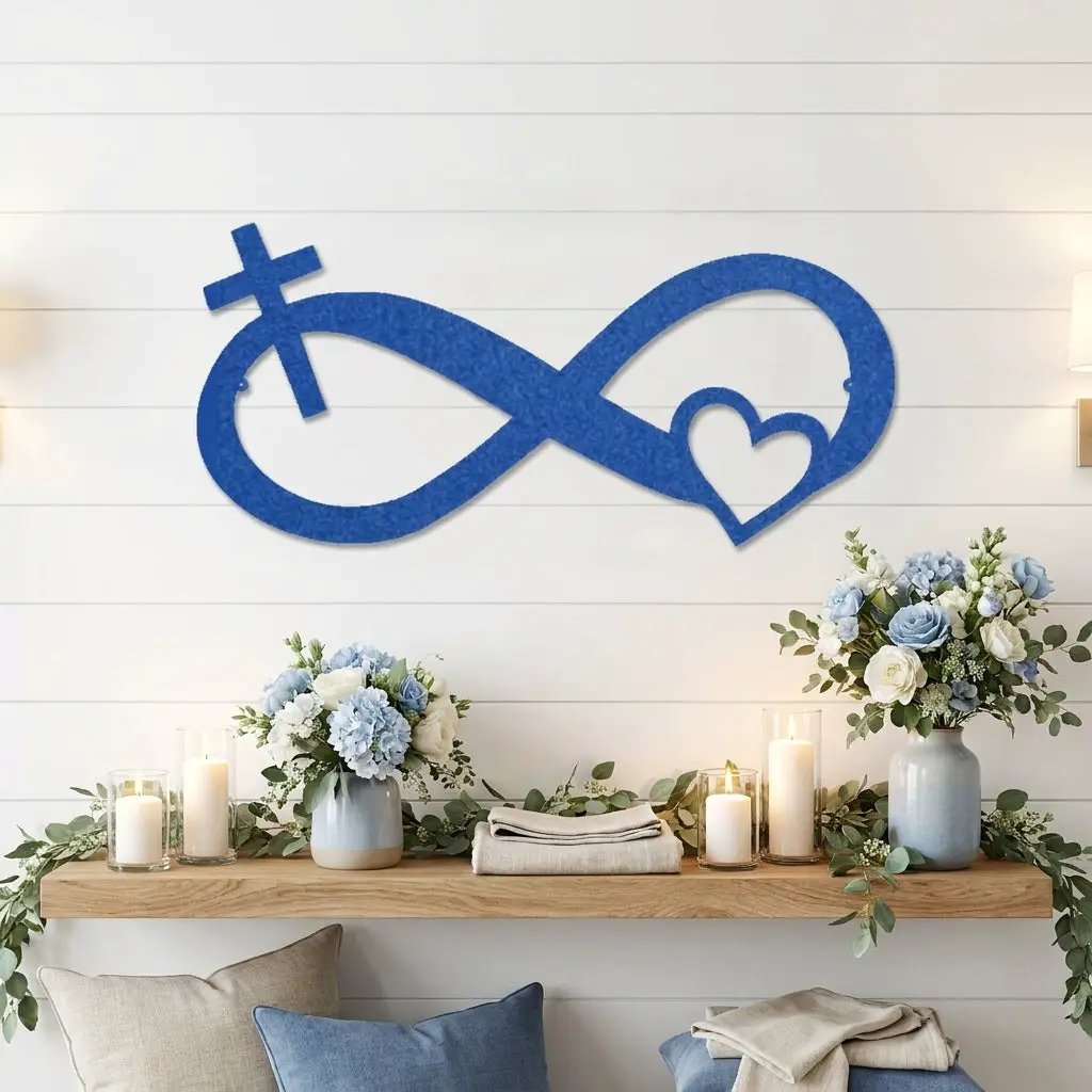 Infinity Cross and Heart Metal Wall Art – Christian Faith Inspired Indoor/Outdoor Sign – Laser Cut Powder-Coated Steel, Elegant Religious Home Décor (Multiple Sizes & Colors)