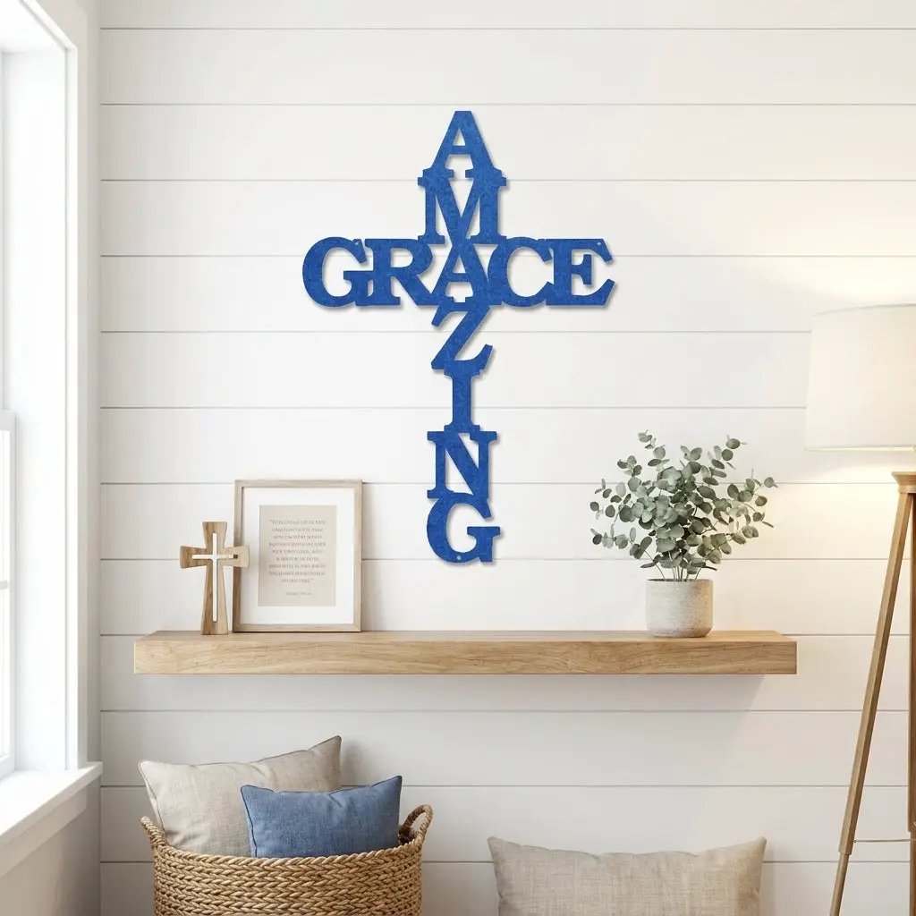 Amazing Grace Cross Steel Wall Art – Christian Metal Cross Sign – Inspirational Faith Decor – Laser Cut Religious Wall Art