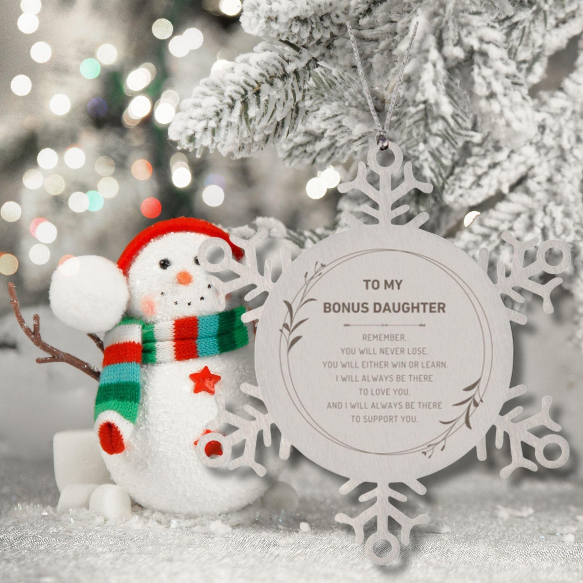Bonus Daughter Ornament Gifts, To My Bonus Daughter Remember, you will never lose. You will either WIN or LEARN, Keepsake Snowflake Ornament For Bonus Daughter, Birthday Christmas Gifts Ideas For Bonus Daughter X-mas Gifts