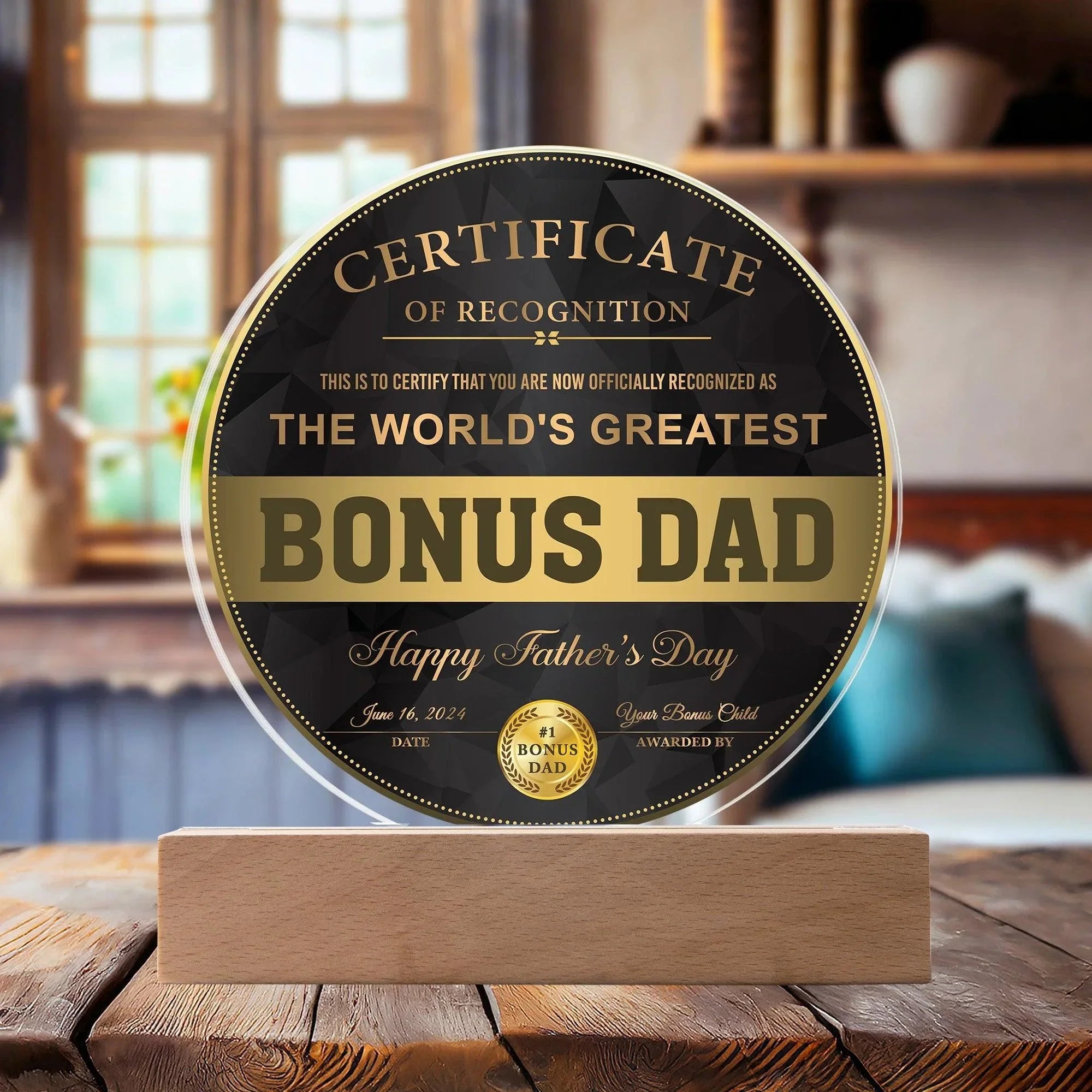 World’s Greatest Bonus Dad Round Acrylic LED Plaque – Personalized Certificate Gift from Bonus Child | Father's Day Edition