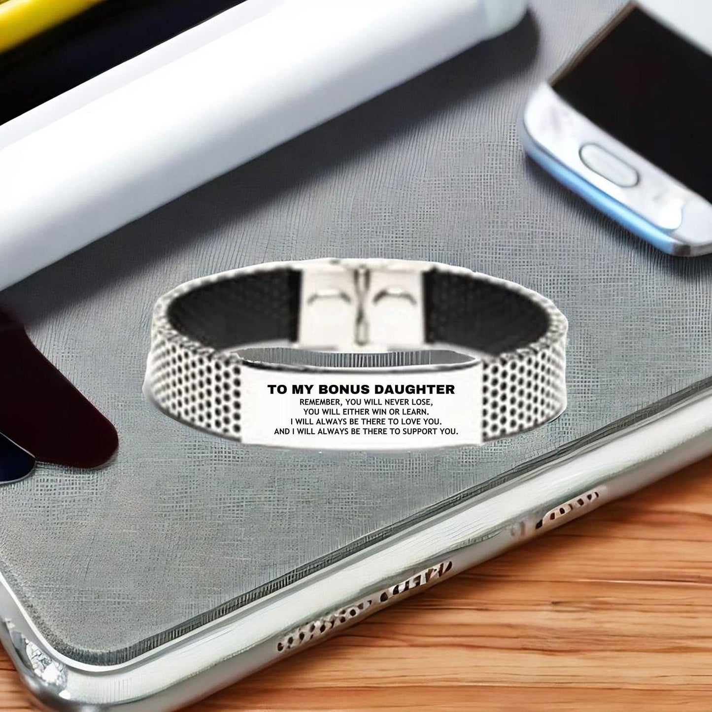 Bonus Daughter Gifts, To My Bonus Daughter Remember, you will never lose. You will either WIN or LEARN, Keepsake Stainless Steel Bracelet For Bonus Daughter Engraved, Birthday Christmas Gifts Ideas For Bonus Daughter X-mas Gifts - Mallard Moon Gift Shop