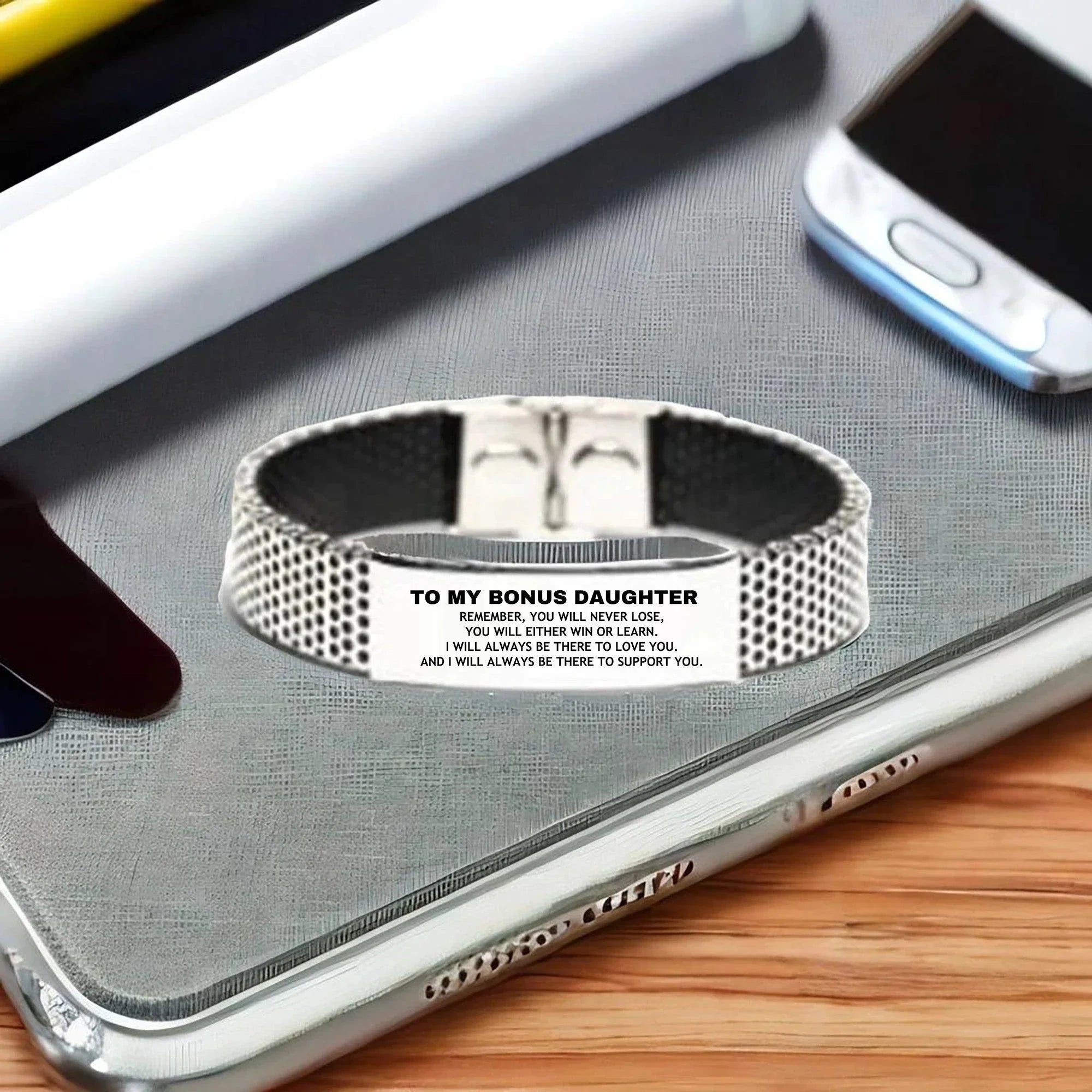 Bonus Daughter Gifts, To My Bonus Daughter Remember, you will never lose. You will either WIN or LEARN, Keepsake Stainless Steel Bracelet For Bonus Daughter Engraved, Birthday Christmas Gifts Ideas For Bonus Daughter X-mas Gifts