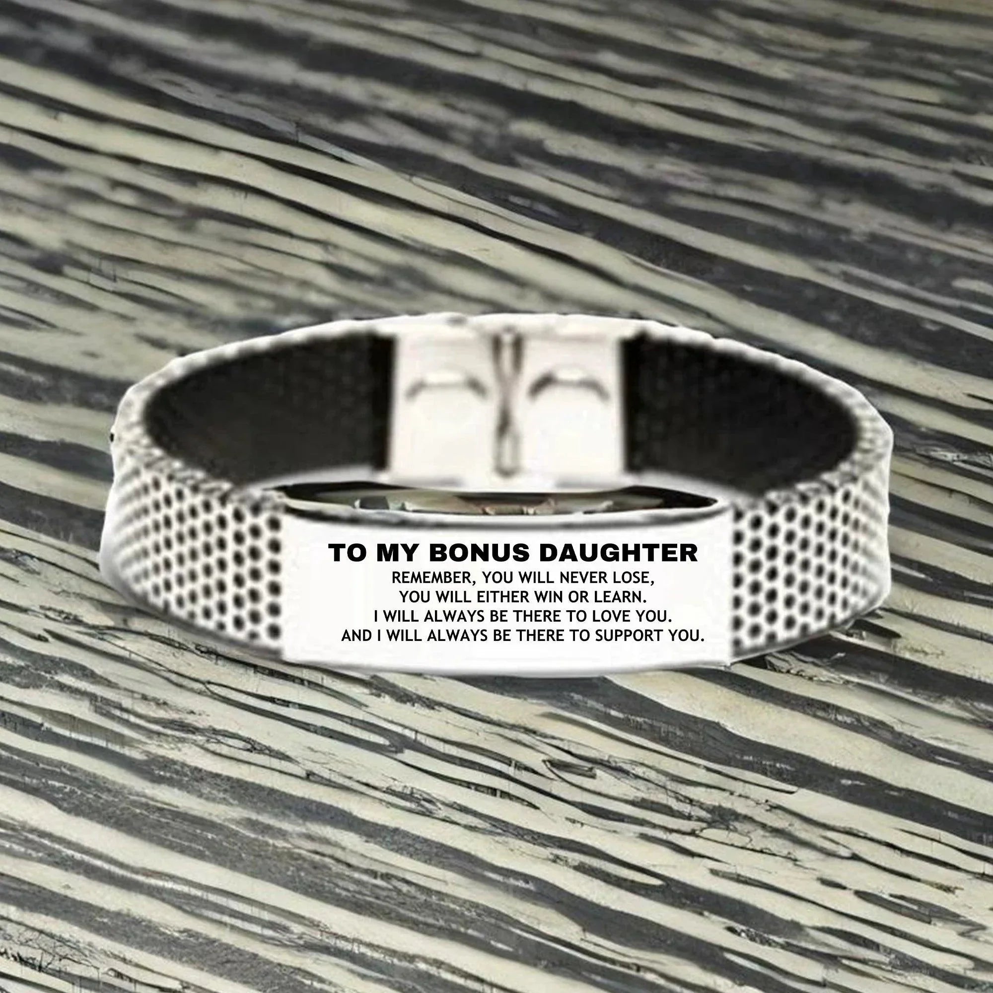 Bonus Daughter Gifts, To My Bonus Daughter Remember, you will never lose. You will either WIN or LEARN, Keepsake Stainless Steel Bracelet For Bonus Daughter Engraved, Birthday Christmas Gifts Ideas For Bonus Daughter X-mas Gifts