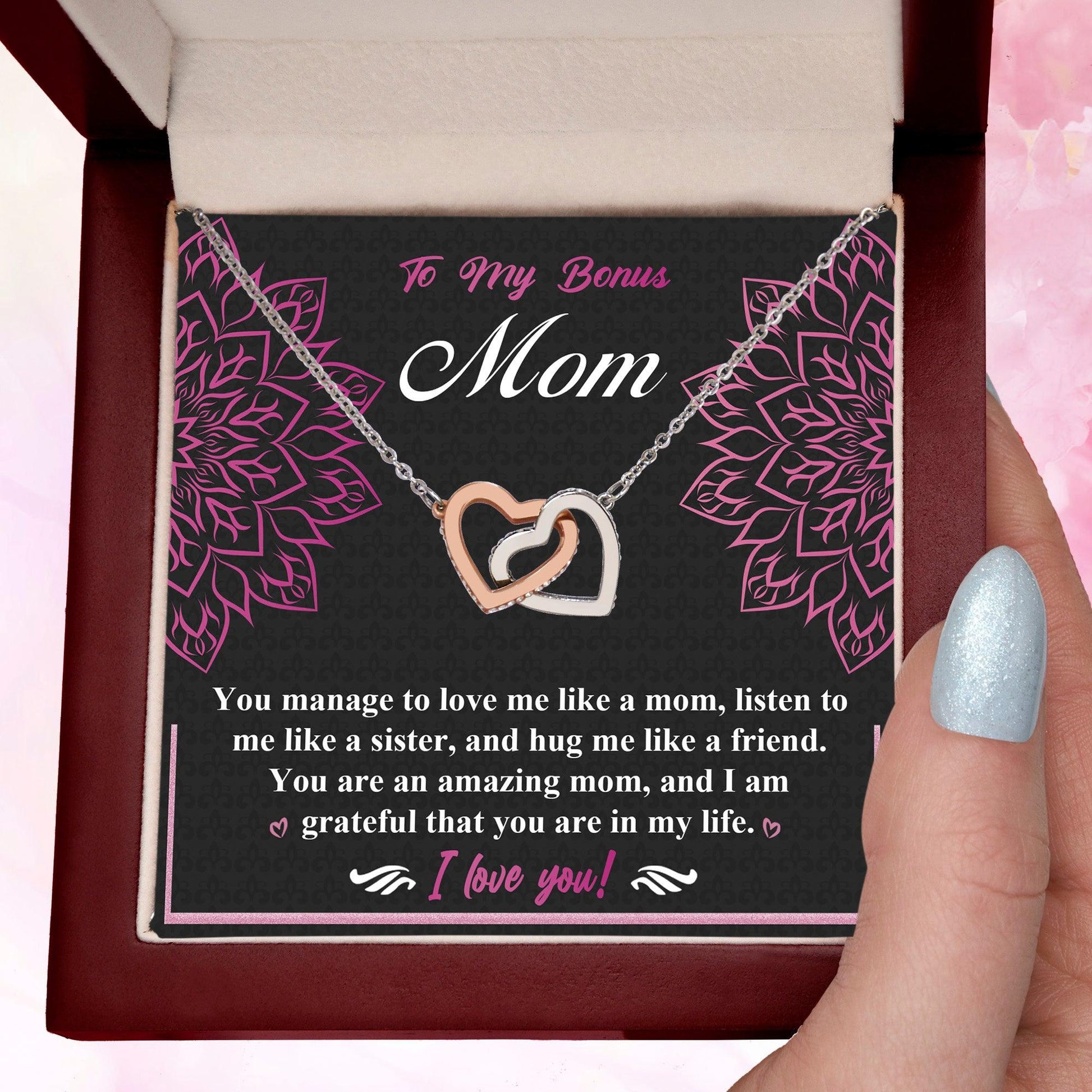 To My Bonus Mom - I am Grateful You Are in My Life - Interlocking Hearts Pendant Necklace - Mallard Moon Gift Shop