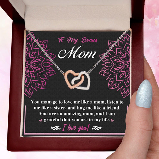 To My Bonus Mom - I am Grateful You Are in My Life - Interlocking Hearts Pendant Necklace - Mallard Moon Gift Shop