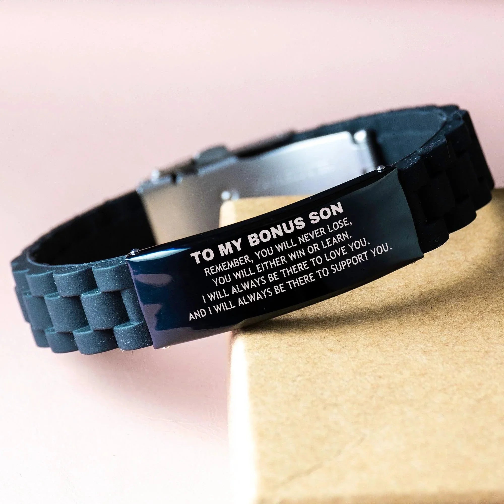 Bonus Son Gifts, To My Bonus Son Remember, you will never lose. You will either WIN or LEARN, Keepsake Black Glidelock Clasp Bracelet For Bonus Son Engraved, Birthday Christmas Gifts Ideas For Bonus Son X-mas Gifts