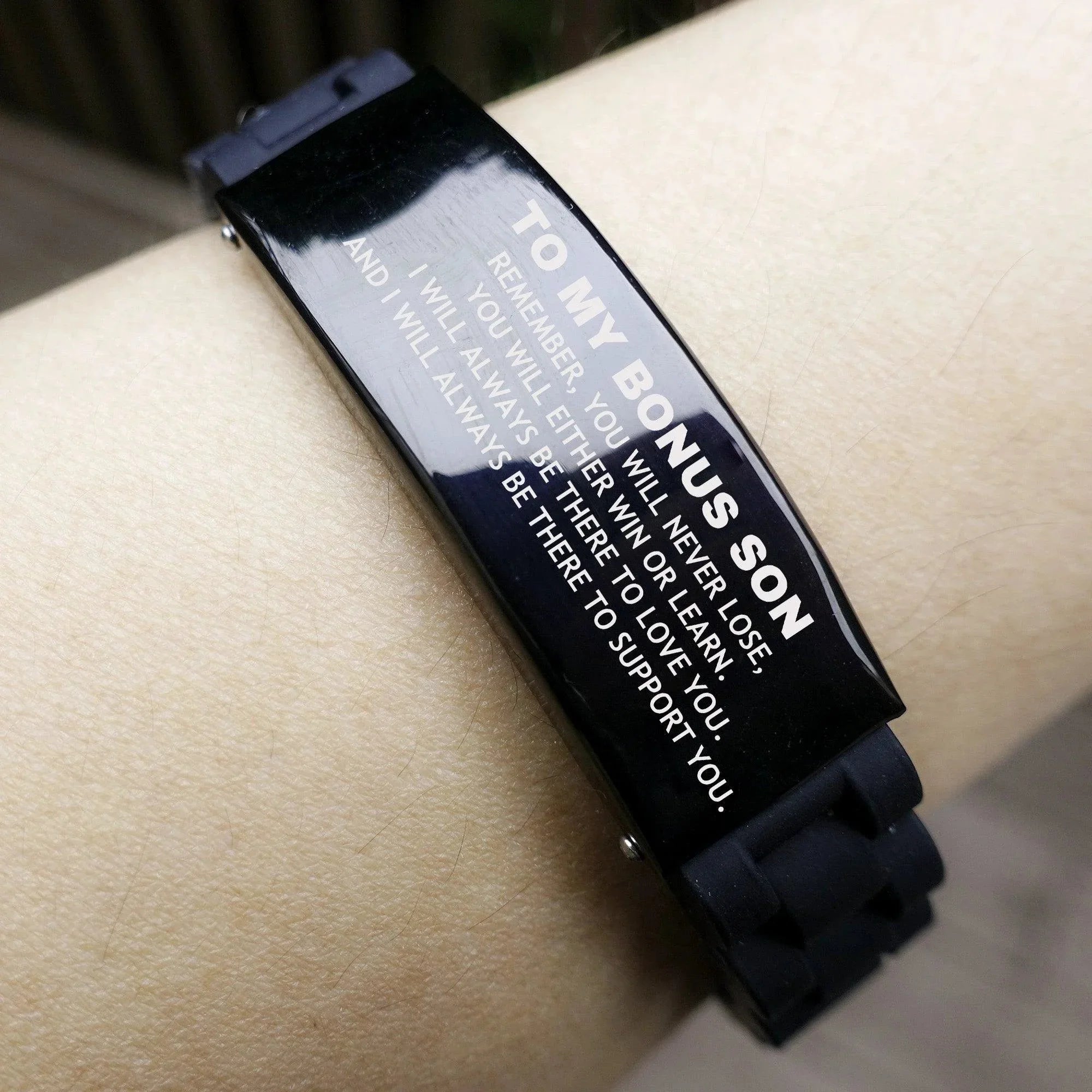 Bonus Son Gifts, To My Bonus Son Remember, you will never lose. You will either WIN or LEARN, Keepsake Black Glidelock Clasp Bracelet For Bonus Son Engraved, Birthday Christmas Gifts Ideas For Bonus Son X-mas Gifts