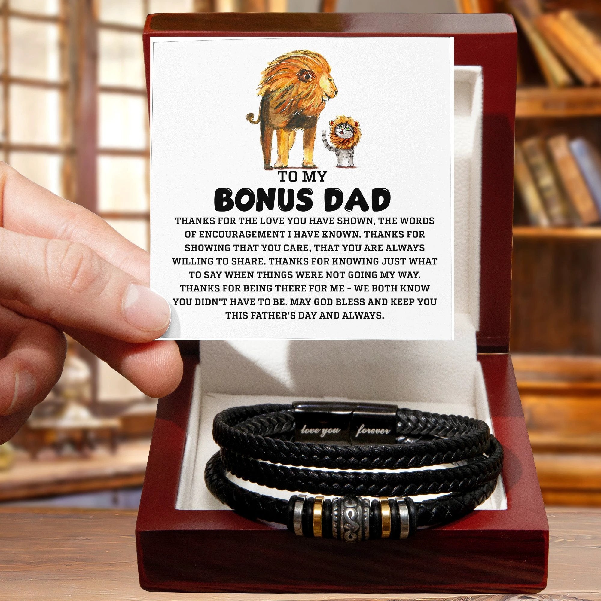 Bonus Dad Father's Day Gift - Men's Love You Forever Bracelet with Grateful Heart Message Card - Braided Vegan Leather Bracelet - Meaningful Stepdad Appreciation Gift