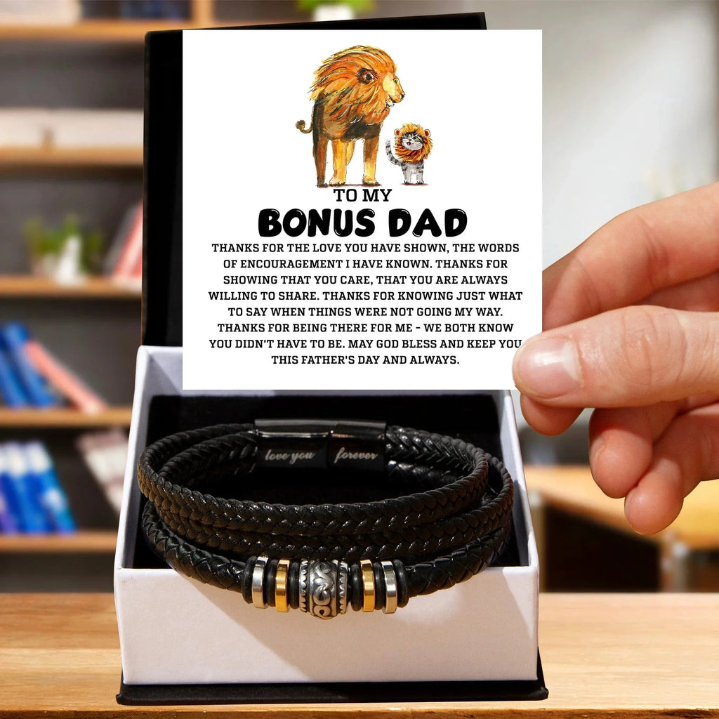 Bonus Dad Father's Day Gift - Men's Love You Forever Bracelet with Grateful Heart Message Card - Braided Vegan Leather Bracelet - Meaningful Stepdad Appreciation Gift
