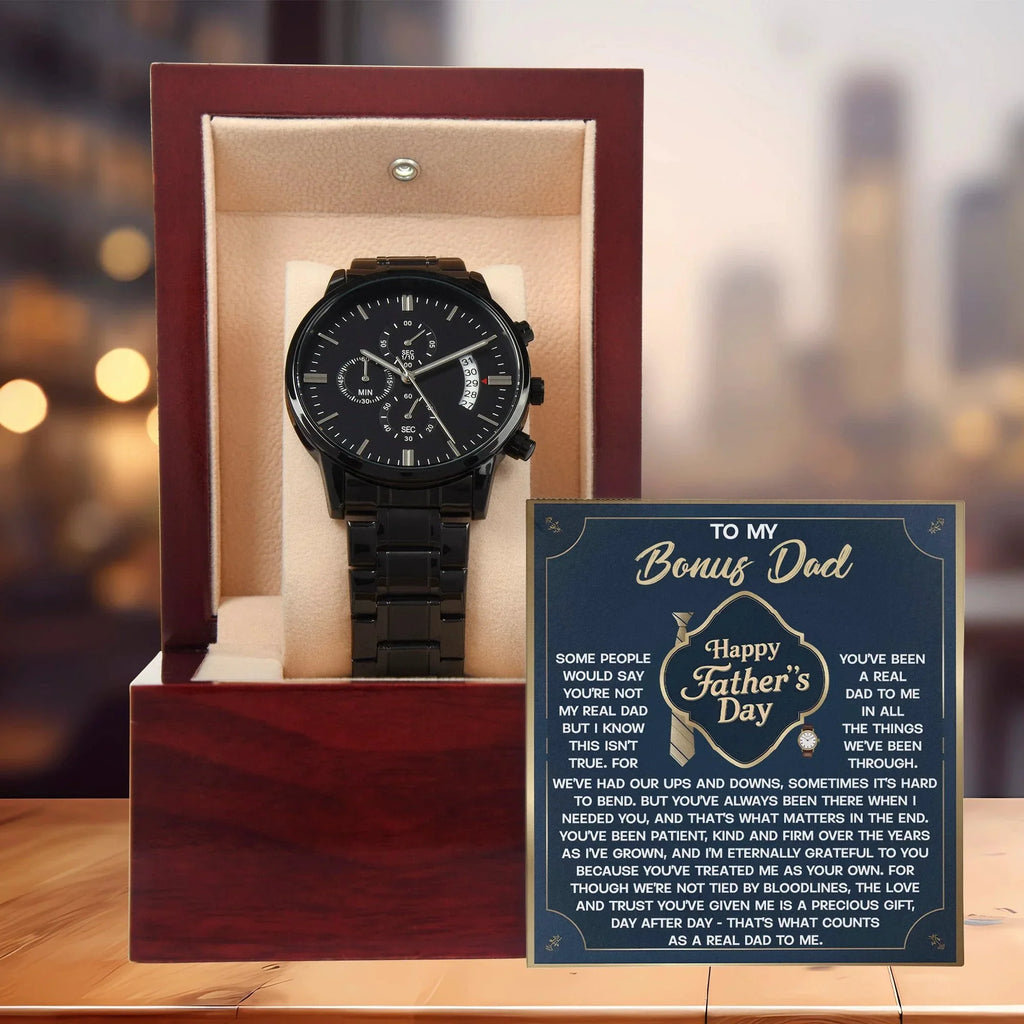 Bonus Dad Black Chronograph Watch – “Real Love, Real Dad” Elegant Father's Day Gift from Stepson or Stepdaughter, Luxury Stainless Steel Watch Premium Gift Box
