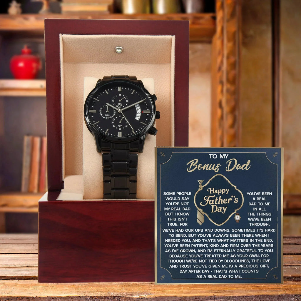 Bonus Dad Black Chronograph Watch – “Real Love, Real Dad” Elegant Father's Day Gift from Stepson or Stepdaughter, Luxury Stainless Steel Watch Premium Gift Box