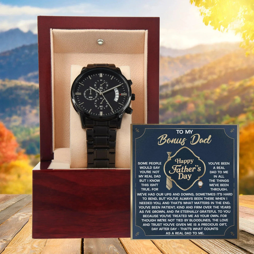 Bonus Dad Black Chronograph Watch – “Real Love, Real Dad” Elegant Father's Day Gift from Stepson or Stepdaughter, Luxury Stainless Steel Watch Premium Gift Box