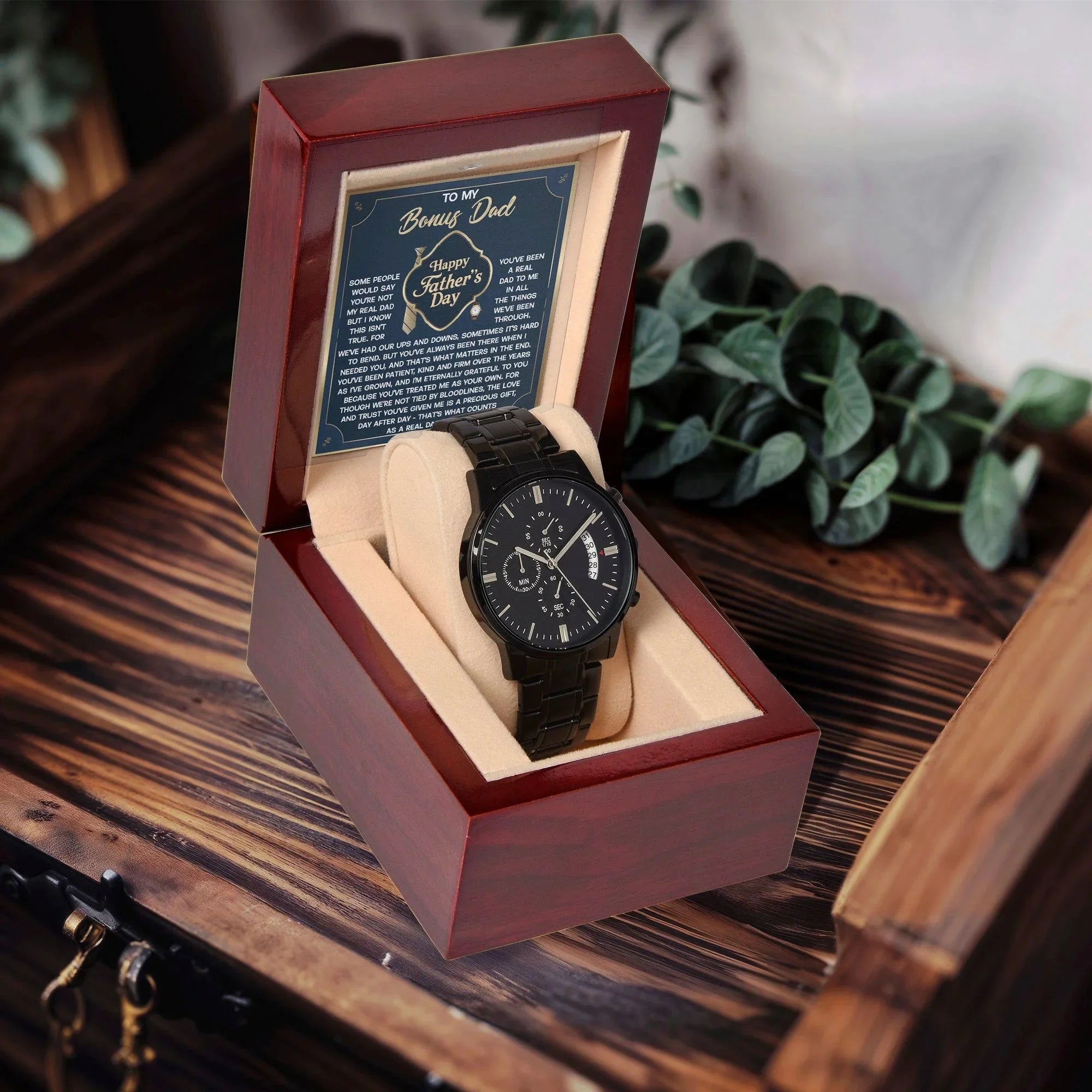 Bonus Dad Black Chronograph Watch – “Real Love, Real Dad” Elegant Father's Day Gift from Stepson or Stepdaughter, Luxury Stainless Steel Watch Premium Gift Box