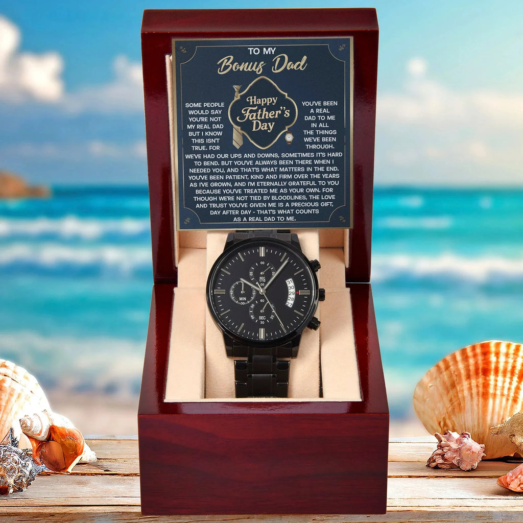 Bonus Dad Black Chronograph Watch – “Real Love, Real Dad” Elegant Father's Day Gift from Stepson or Stepdaughter, Luxury Stainless Steel Watch Premium Gift Box