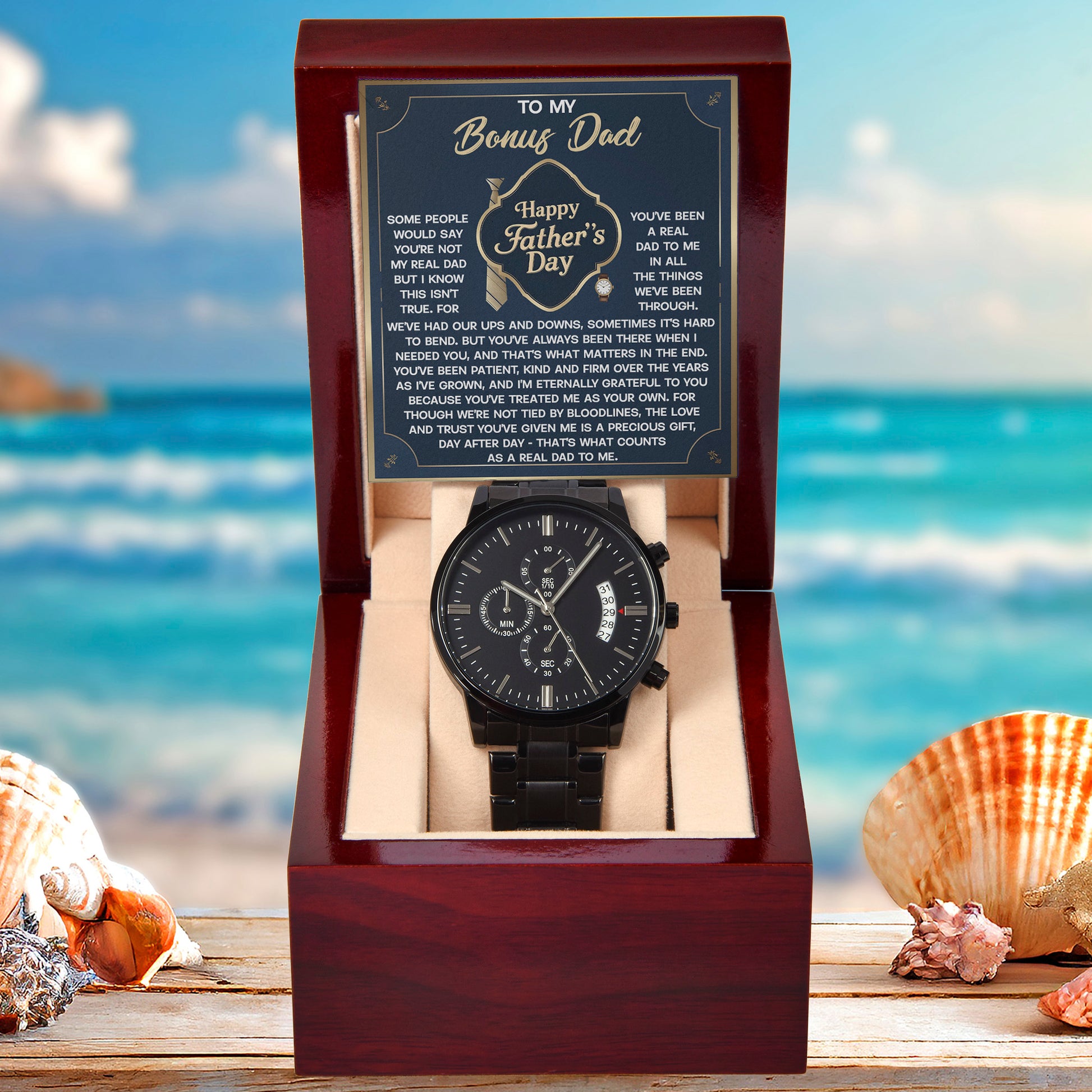 Bonus Dad Black Chronograph Watch – “Real Love, Real Dad” Elegant Father's Day Gift from Stepson or Stepdaughter, Luxury Stainless Steel Watch Premium Gift Box - Mallard Moon Gift Shop