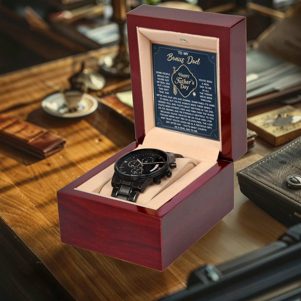 Bonus Dad Black Chronograph Watch – “Real Love, Real Dad” Elegant Father's Day Gift from Stepson or Stepdaughter, Luxury Stainless Steel Watch Premium Gift Box