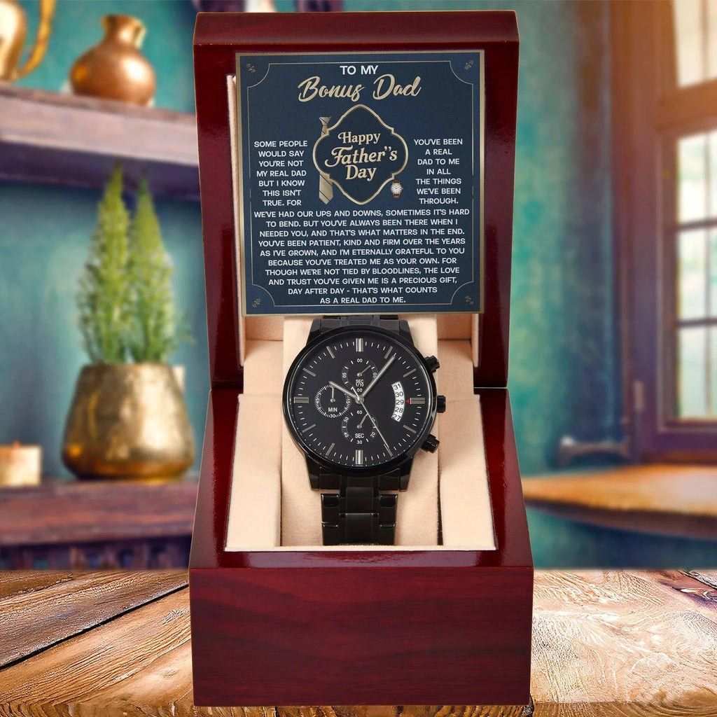 Bonus Dad Black Chronograph Watch – “Real Love, Real Dad” Elegant Father's Day Gift from Stepson or Stepdaughter, Luxury Stainless Steel Watch Premium Gift Box