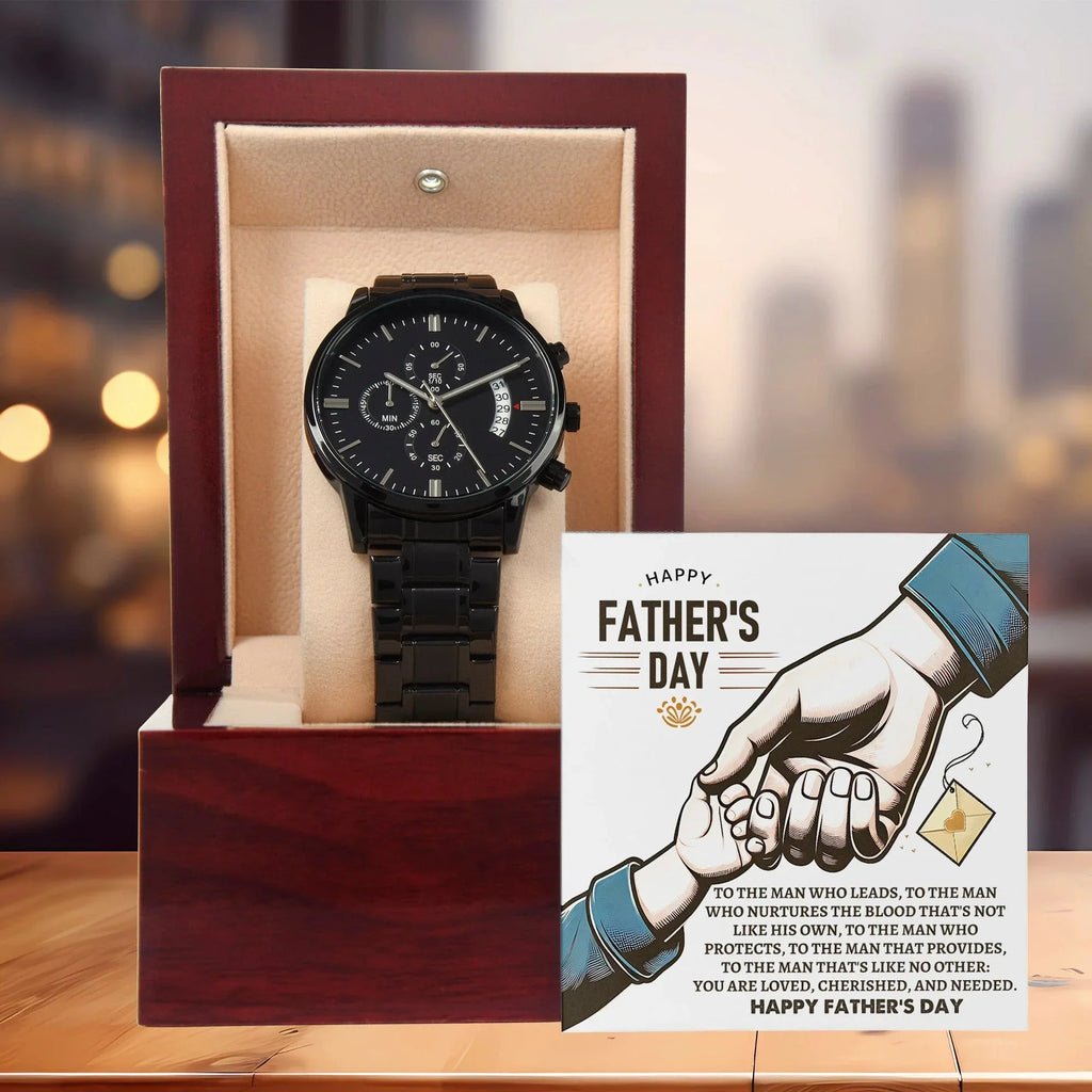 Bonus Dad Father's Day Black Chronograph Watch – Elegant Gift for Stepdad, Father Figure, Mentor – Luxury Stainless Steel Timepiece with Copper Dial & Engraved Message Card