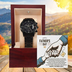 Bonus Dad Father's Day Black Chronograph Watch – Elegant Gift for Stepdad, Father Figure, Mentor – Luxury Stainless Steel Timepiece with Copper Dial & Engraved Message Card