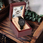 Bonus Dad Father's Day Black Chronograph Watch – Elegant Gift for Stepdad, Father Figure, Mentor – Luxury Stainless Steel Timepiece with Copper Dial & Engraved Message Card