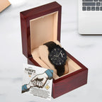 Bonus Dad Father's Day Black Chronograph Watch – Elegant Gift for Stepdad, Father Figure, Mentor – Luxury Stainless Steel Timepiece with Copper Dial & Engraved Message Card