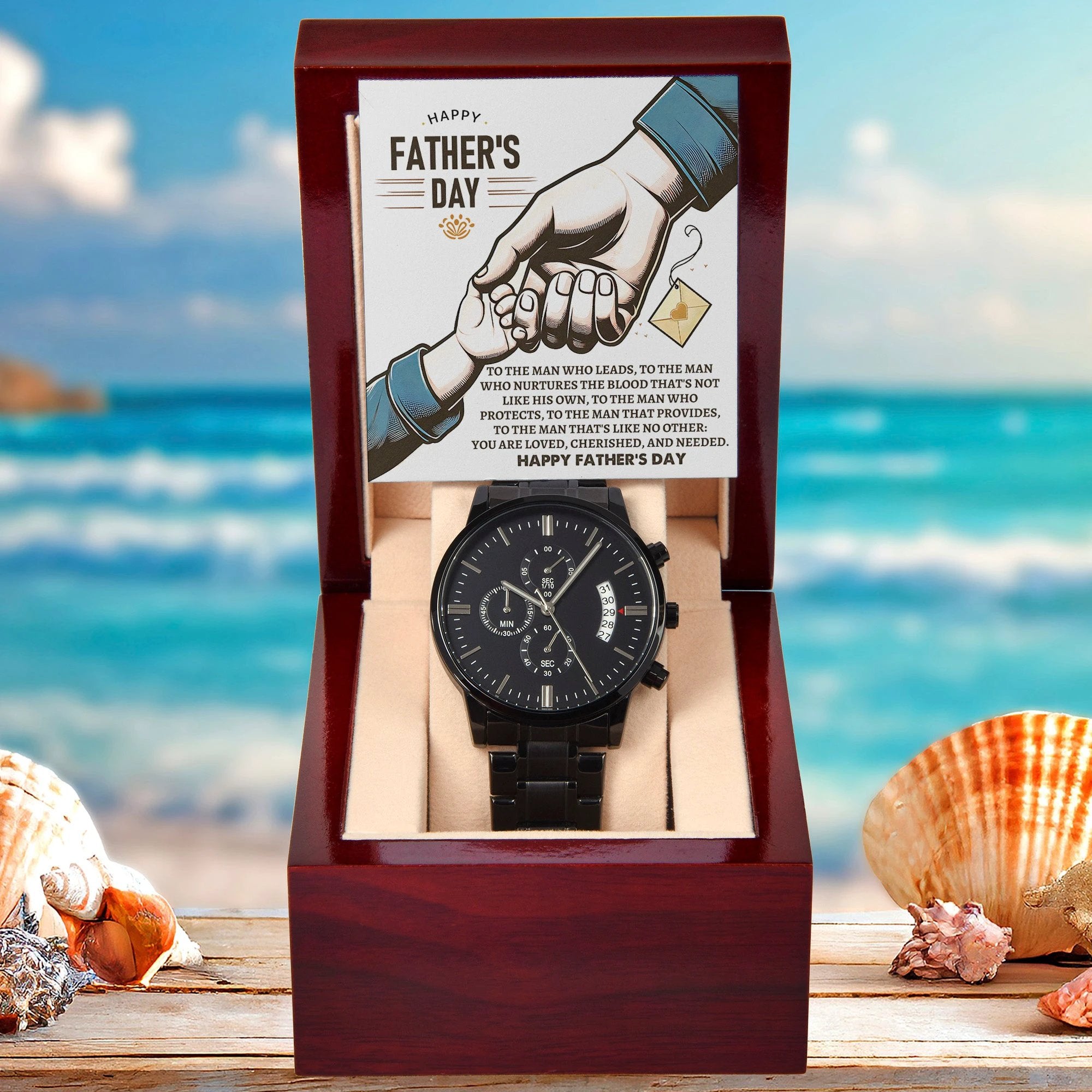 Bonus Dad Father's Day Black Chronograph Watch – Elegant Gift for Stepdad, Father Figure, Mentor – Luxury Stainless Steel Timepiece with Copper Dial & Engraved Message Card