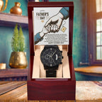 Bonus Dad Father's Day Black Chronograph Watch – Elegant Gift for Stepdad, Father Figure, Mentor – Luxury Stainless Steel Timepiece with Copper Dial & Engraved Message Card