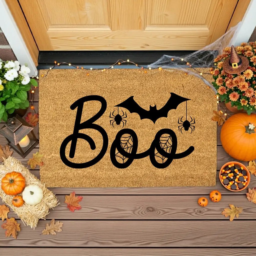 Boo Halloween Doormat – Spider & Bat Outdoor Coir Mat for Porch Décor