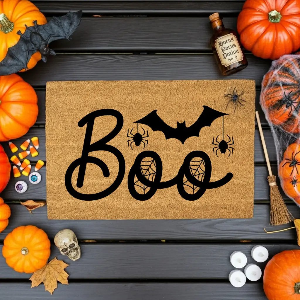 Boo Halloween Doormat – Spider & Bat Outdoor Coir Mat for Porch Décor