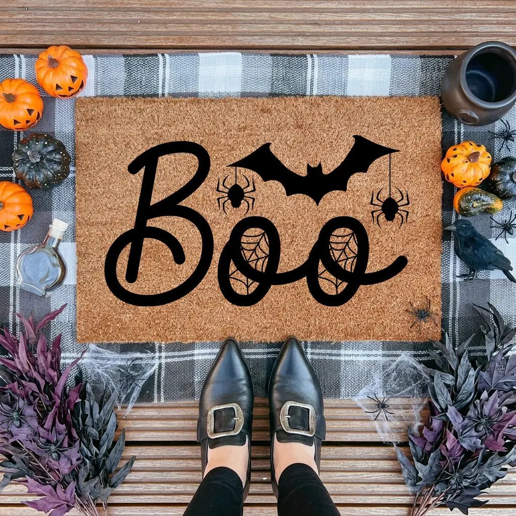 Boo Halloween Doormat – Spider & Bat Outdoor Coir Mat for Porch Décor