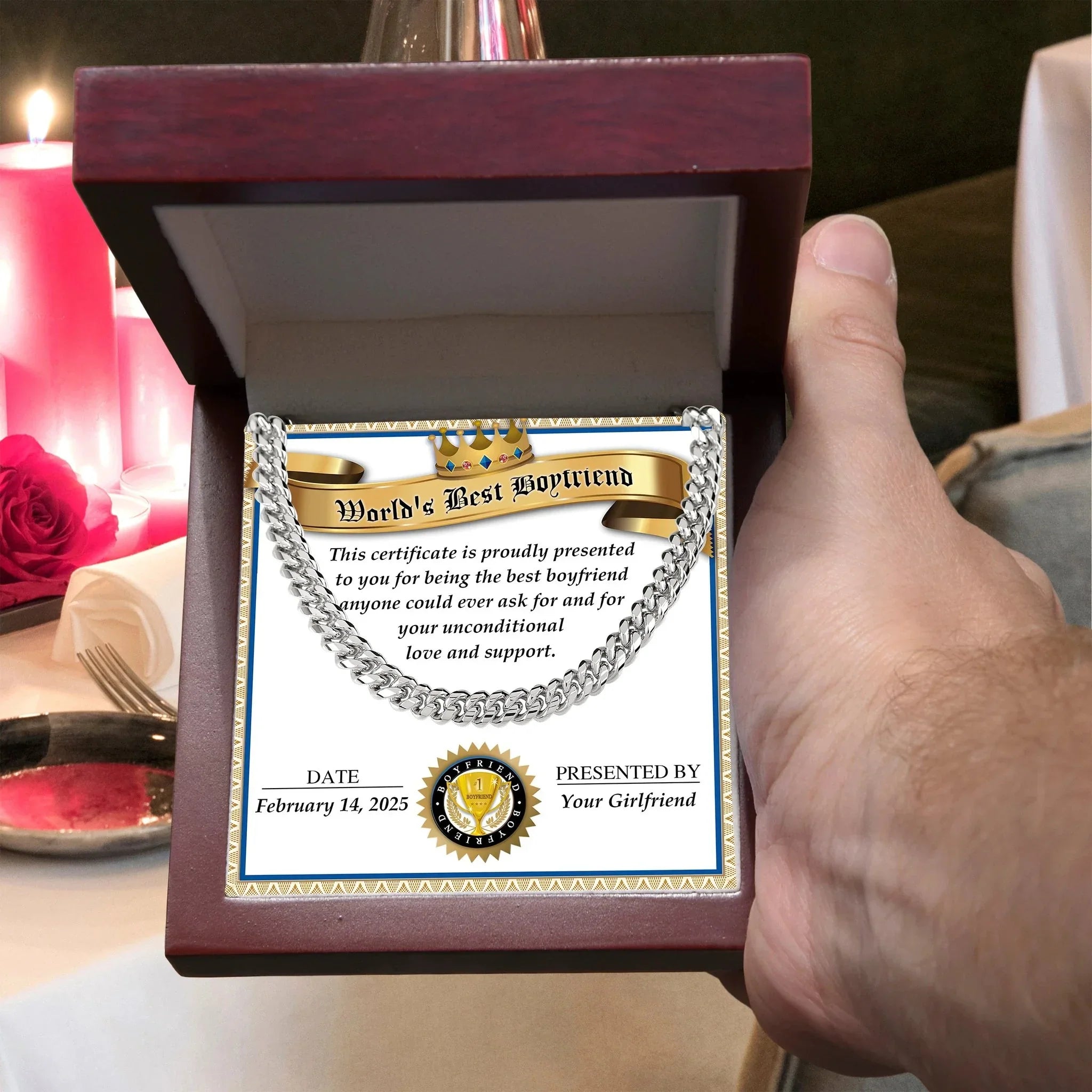 Romantic Gift for Boyfriend – Cuban Link Chain & Love Certificate Keepsake