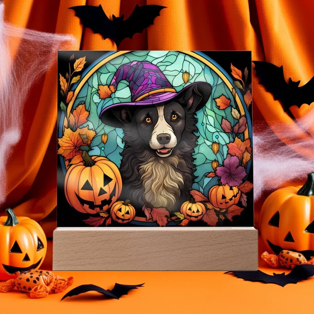 Dog Halloween Portrait Stained Glass Acrylic Plaque with LED Lighted Wooden Base