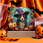 Dog Halloween Portrait Stained Glass Acrylic Plaque with LED Lighted Wooden Base