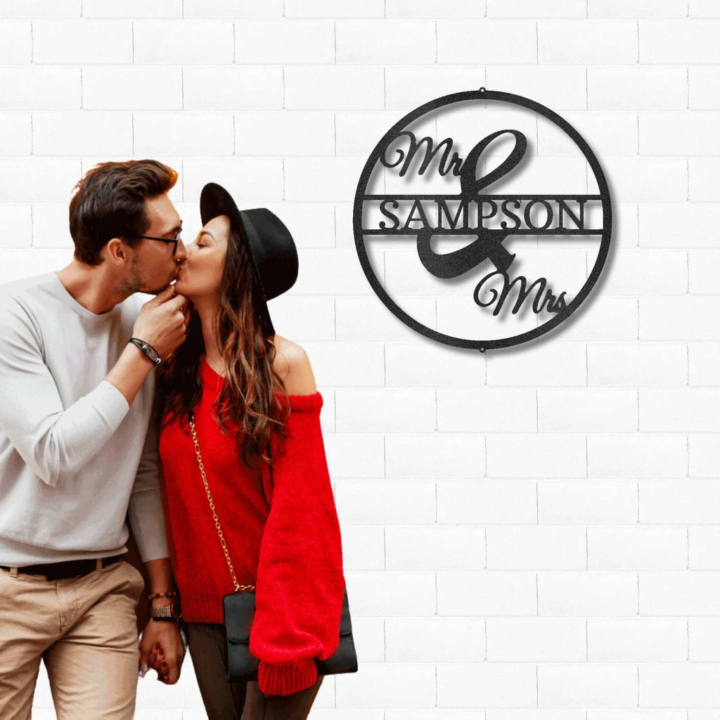 Mr and Mrs Circle Custom Name Steel Wall Sign