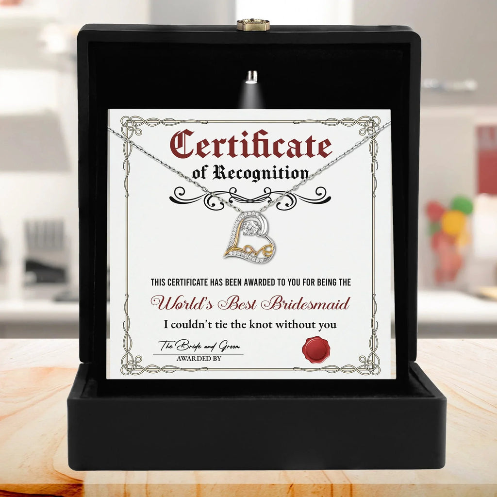 Bridesmaid Gift - Certificate Of Recognition Love Dancing Heart Pendant Necklace