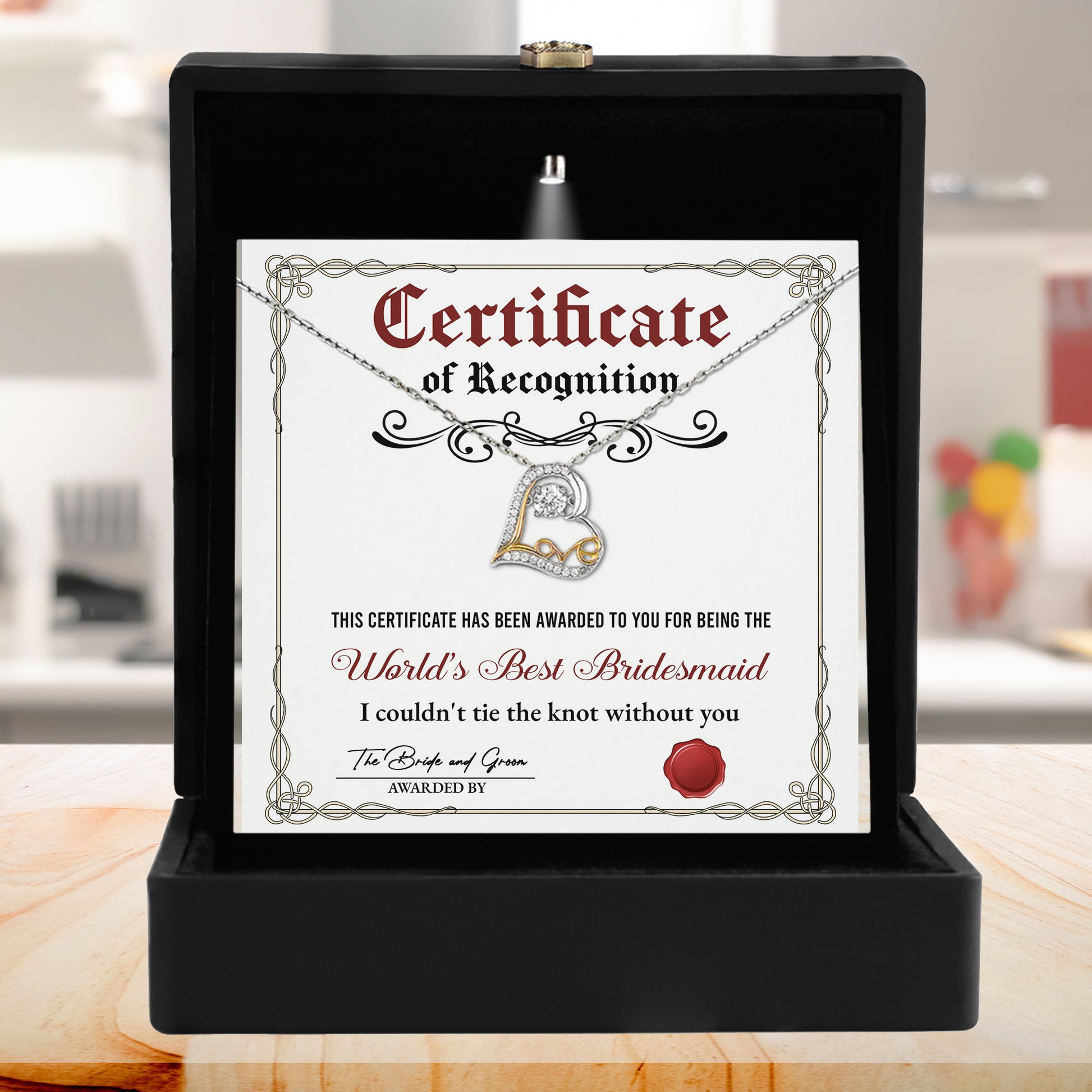 Bridesmaid Gift - Certificate Of Recognition Love Dancing Heart Pendant Necklace - Mallard Moon Gift Shop