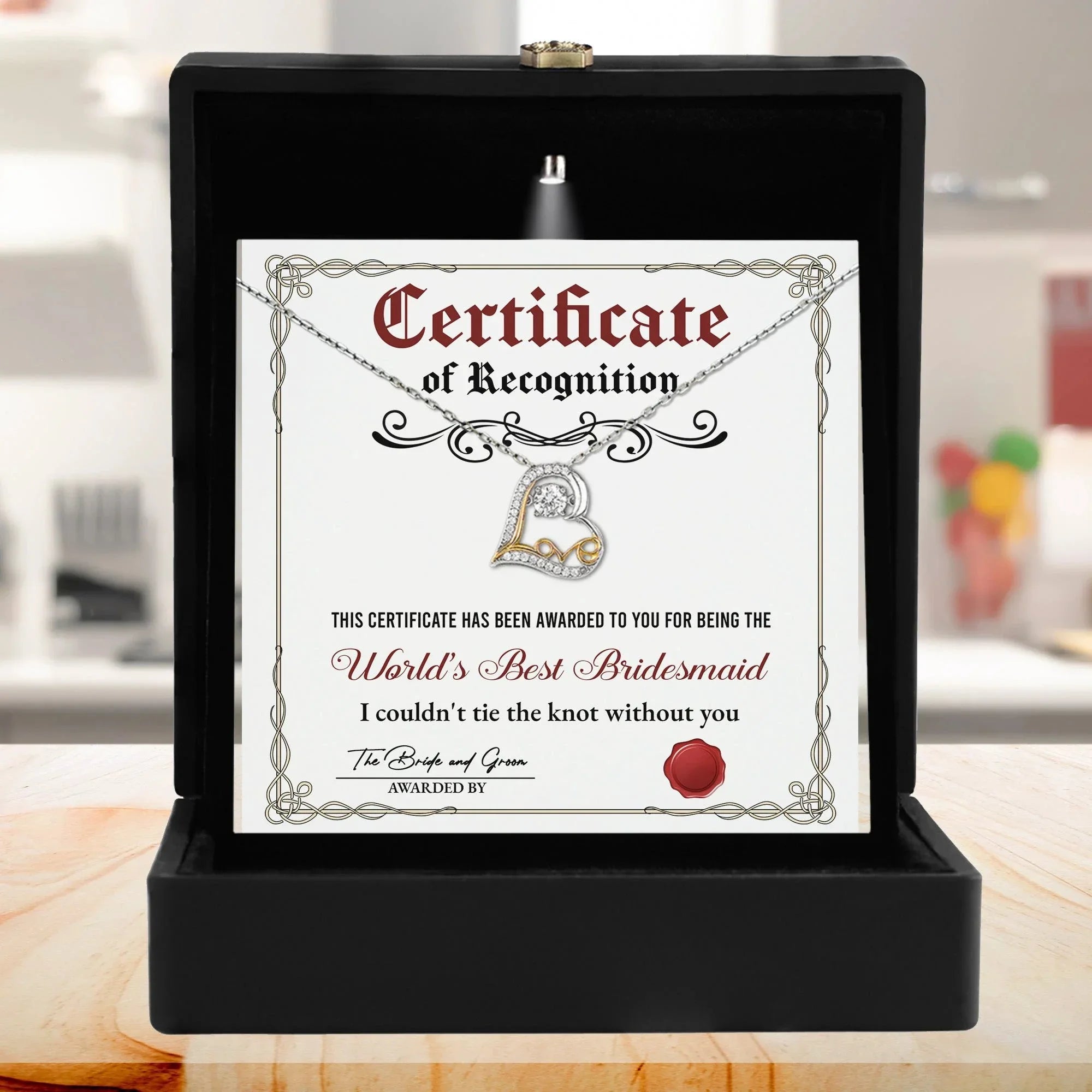 Bridesmaid Gift - Certificate Of Recognition Love Dancing Heart Pendant Necklace