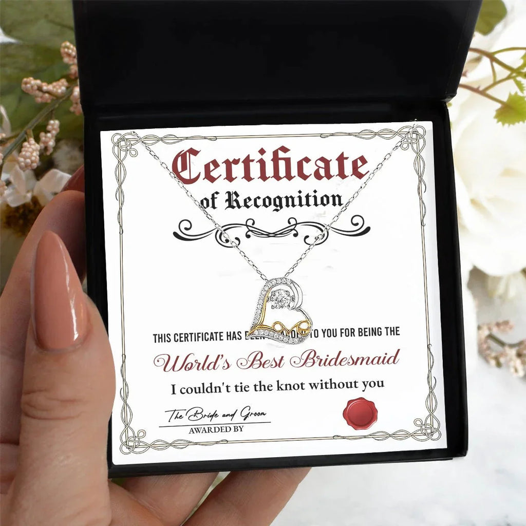 Bridesmaid Gift - Certificate Of Recognition Love Dancing Heart Pendant Necklace