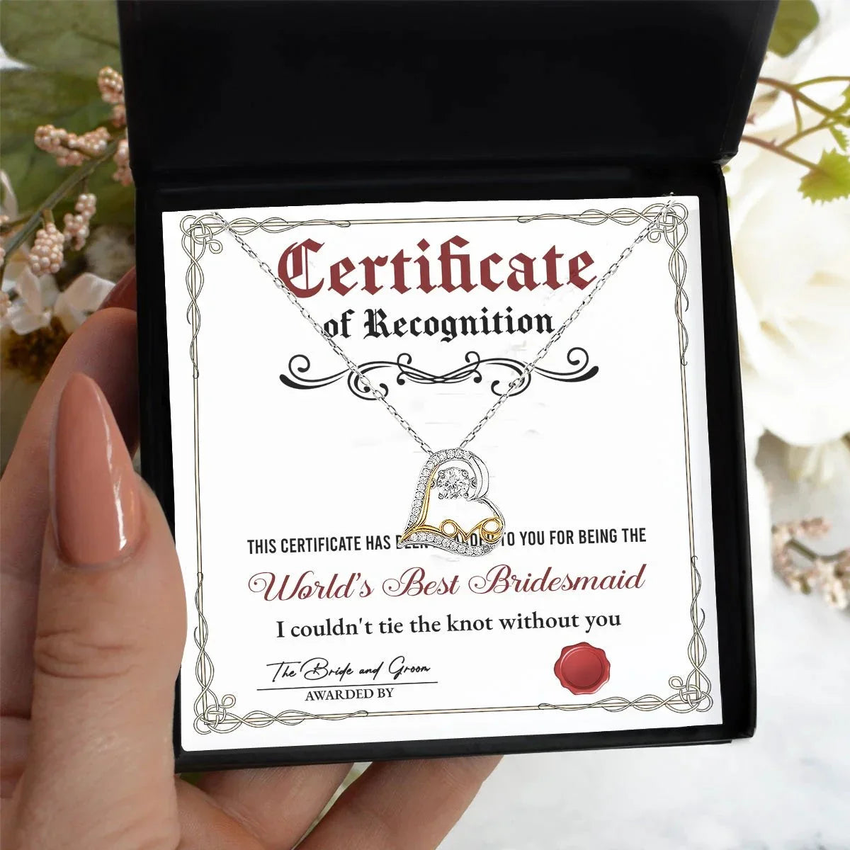 Bridesmaid Gift - Certificate Of Recognition Love Dancing Heart Pendant Necklace