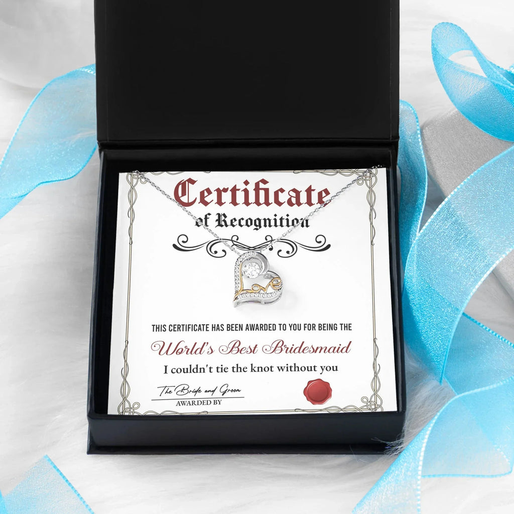 Bridesmaid Gift - Certificate Of Recognition Love Dancing Heart Pendant Necklace