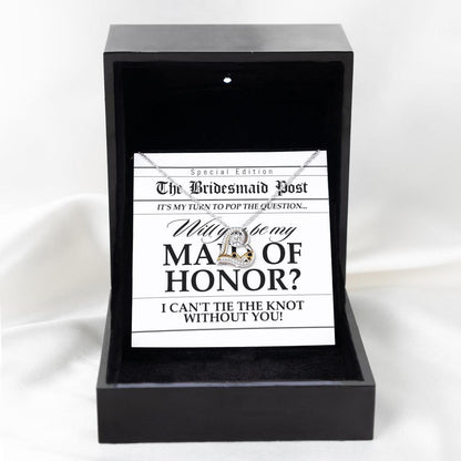 Maid of Honor Wedding Proposal Invitation Will You Be My Maid of Honor Help Me Tie The Knot Love Dancing Heart Pendant Necklace - Mallard Moon Gift Shop