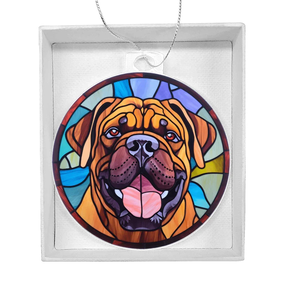 Bullmastiff Acrylic Ornament – Stained Glass Style Dog Lover Holiday Gift – Premium 3.9" Clear Ornament with Silver Twine