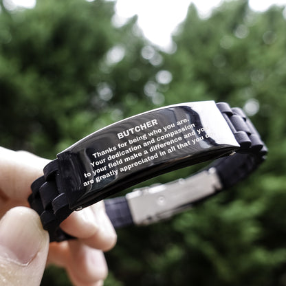 Butcher Black  Glidelock Clasp Engraved Bracelet - Thanks for being who you are - Birthday Christmas Jewelry Gifts Coworkers Colleague Boss - Mallard Moon Gift Shop