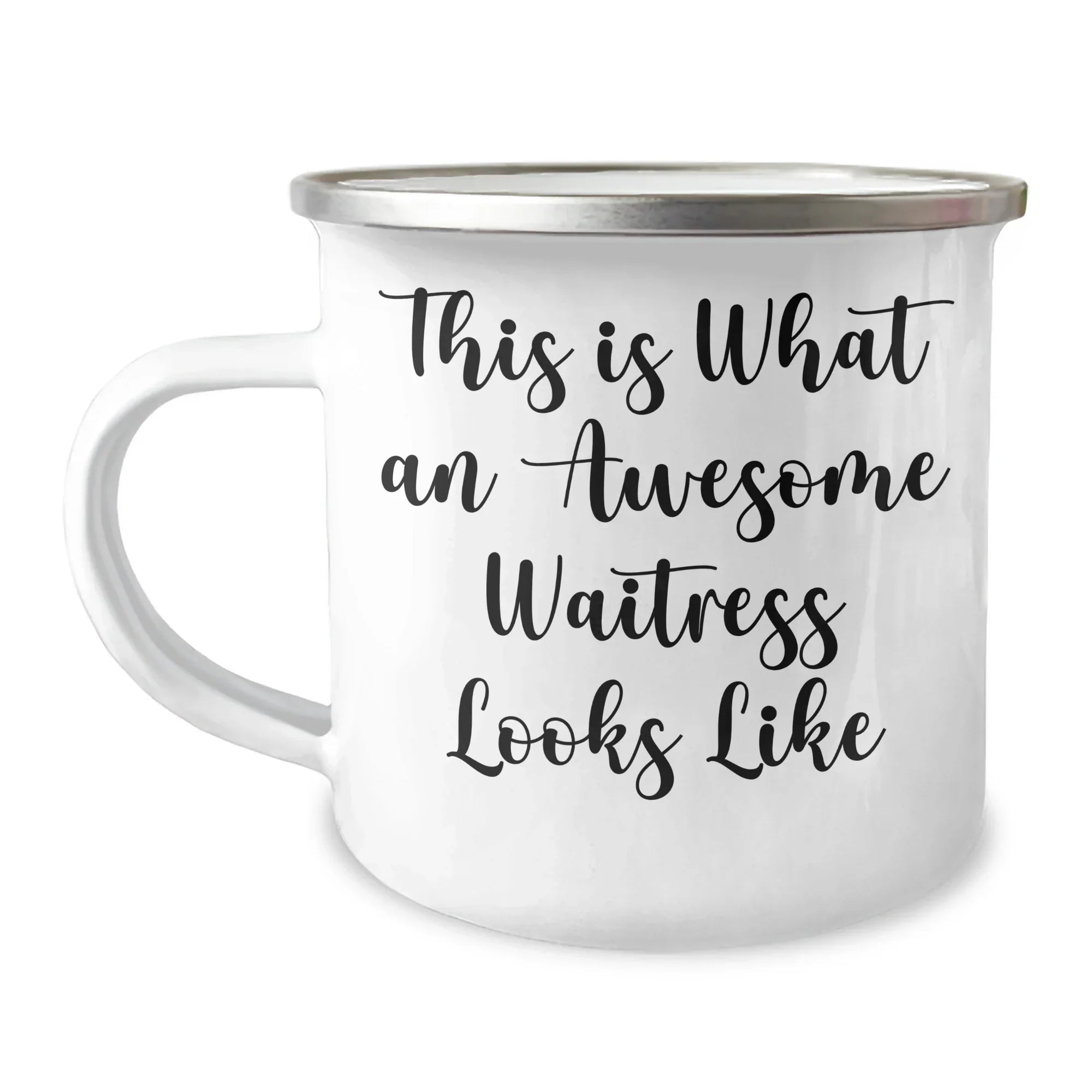 Funny Waitress Gifts, Gifts from Men to Waitress, Camping Mug for Father's Day, 'This Is What An Awesome Waitress Looks Like' Quote, 12 oz Stainless Steel with Enamel Finish
