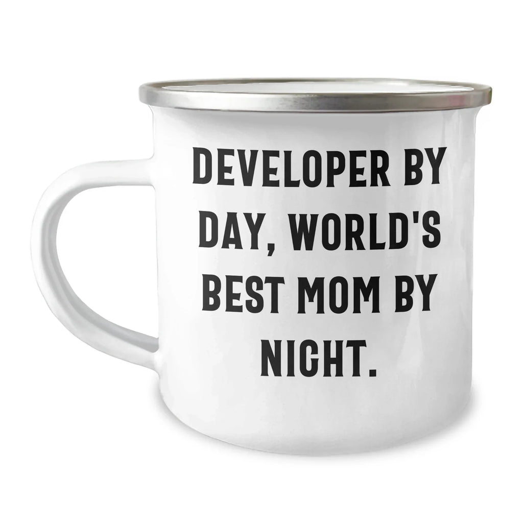 Funny Developer Gifts, Developer By Day, World's Best Mom By Night. 12 oz Camping Mug, Perfect for Graduation