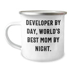 Funny Developer Gifts, Developer By Day, World's Best Mom By Night. 12 oz Camping Mug, Perfect for Graduation